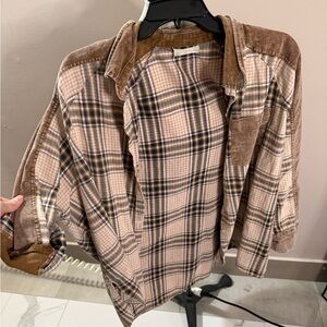 Altar’d State Plaid Button-Up Shirt with Suede Accents